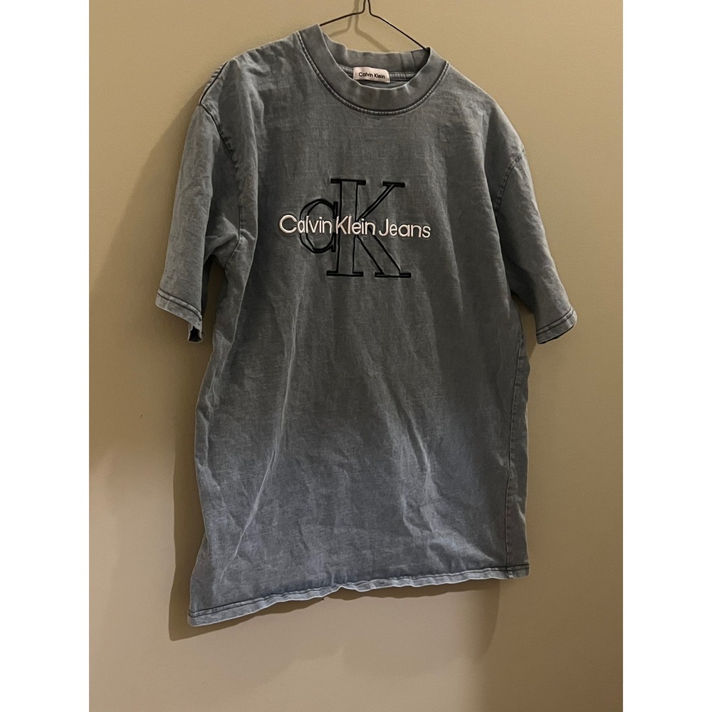 Calvin Klein Jeans T-Shirt Mens L Grey Excellent Acid Wash Embroidered Monogram - Picture 2 of 2
